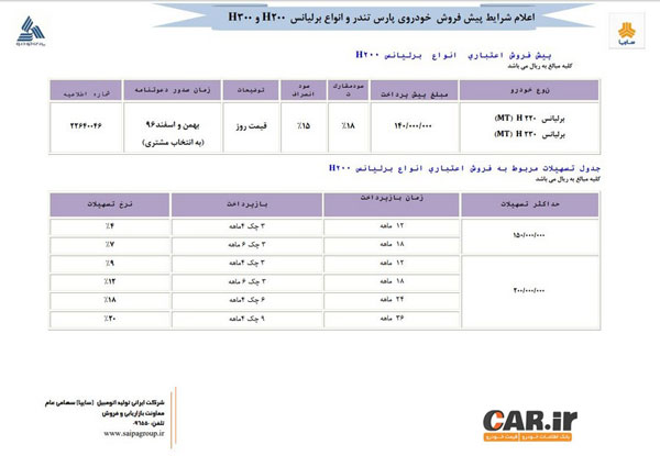 طرح پیش فروش انواع برلیانس و پارس تندر - دی 96