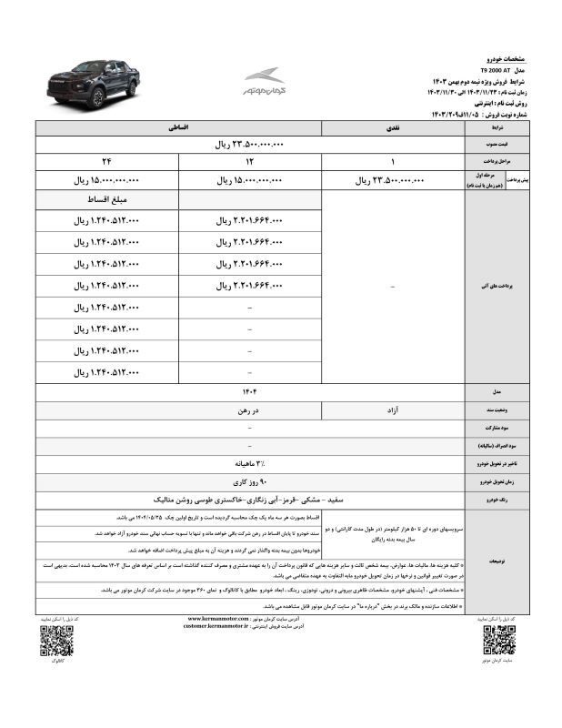 فروش نقد و اقساط 6 محصول کرمان موتور آغاز شد