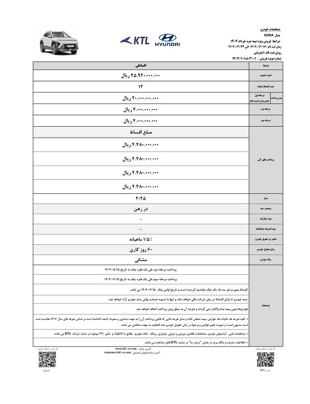 آغاز فروش اقساطی هیوندای کونا ۲۰۲۵ شرکت KTL