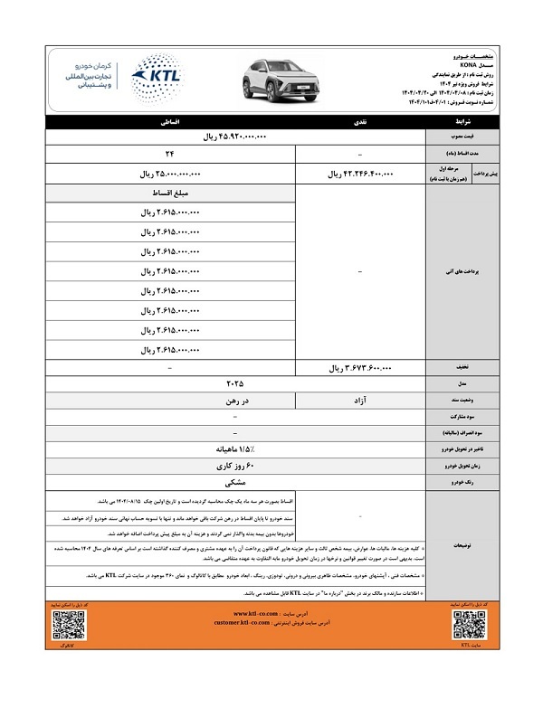 فروش هیوندای کونا مدل 2025 / خرید خودروی کره‌ای با شرایط پرداخت متنوع