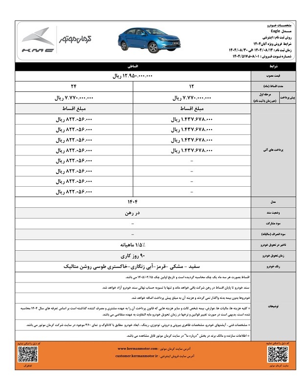 آغاز فروش اقساطی محصولات کرمان موتور – آبان 1404